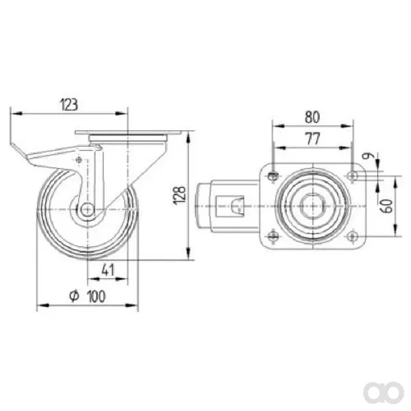 Tente - 3477IEP100P62 - Lenkrolle, Gummilaufrad: Diameter 100x40mm, Mit Bremse, Plattenbefestigung: 105x85mm Belastung: 200kg, Tente