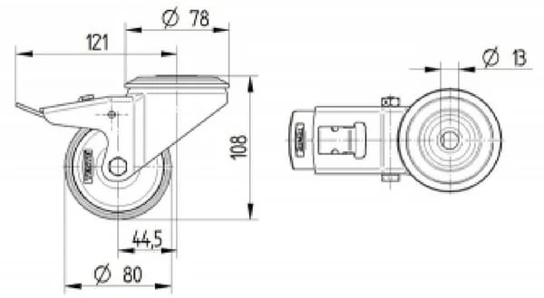 Tente - 3477PIR080P3013 - Lenkrollen mit schwarzem Gummireifen
