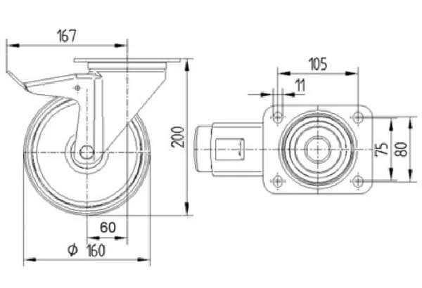 Tente - 3477PIR160P63 - Lenkrollen mit schwarzem Gummireifen