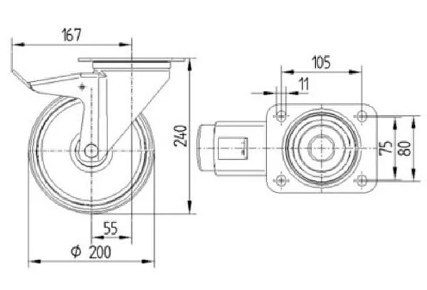 Tente - 3477PIR200P63 - Lenkrollen mit schwarzem Gummireifen