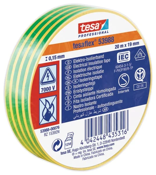 TESA - T539880007600 - Isolierband, Gelb-Gruen, 20 m x 19 mm, Tesaflex®