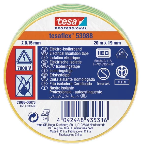 TESA - T539880007600 - Isolierband, Gelb-Gruen, 20 m x 19 mm, Tesaflex®