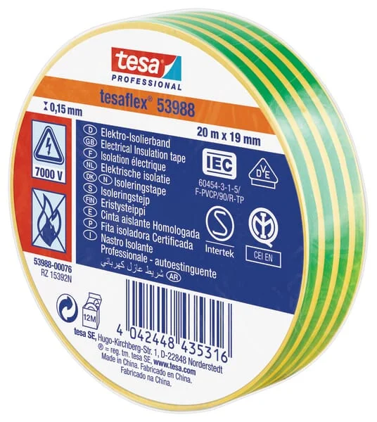 TESA - T539880007600 - Isolierband, Gelb-Gruen, 20 m x 19 mm, Tesaflex®