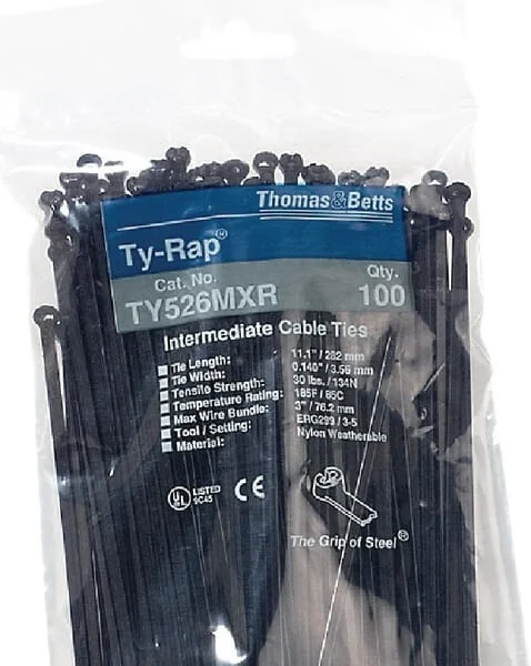 Thomas & Betts - TY526MXR - Kabelbinder 3,6x284mm, Schwarz, Nylon/Edelstahl, Max. Diameter 76mm, Packung 100, Thomas & Betts