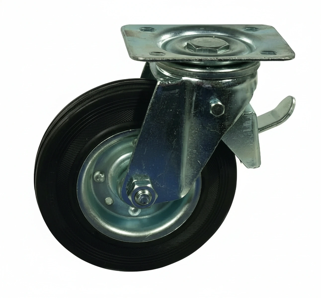 Kramp - WH600125 - Lenkrollenrad, Gummirade: Diameter 125x37.5mm, Mit Bremse, Plattenbefestigung: 115x85mm Belastung: 130kg, Ro-Carr