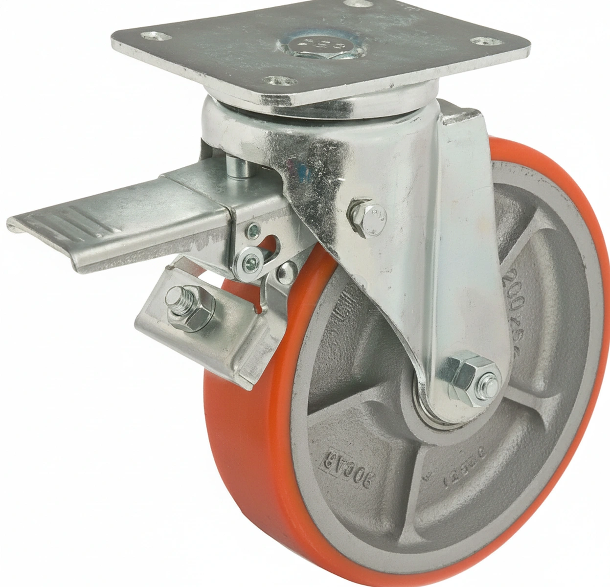 Kramp - WH700P200 - Lenkrolle, Polyurethanrad: Diameter 200x50mm, Mit Bremse, Plattenbefestigung: 140x110mm Belastung: 830kg, Ro-Carr