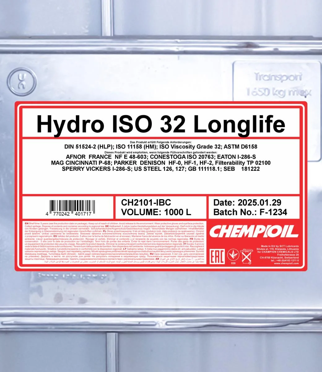 CHEMPIOIL - CH2101IBC - Hydro ISO 32 LONGLIFE 1000L