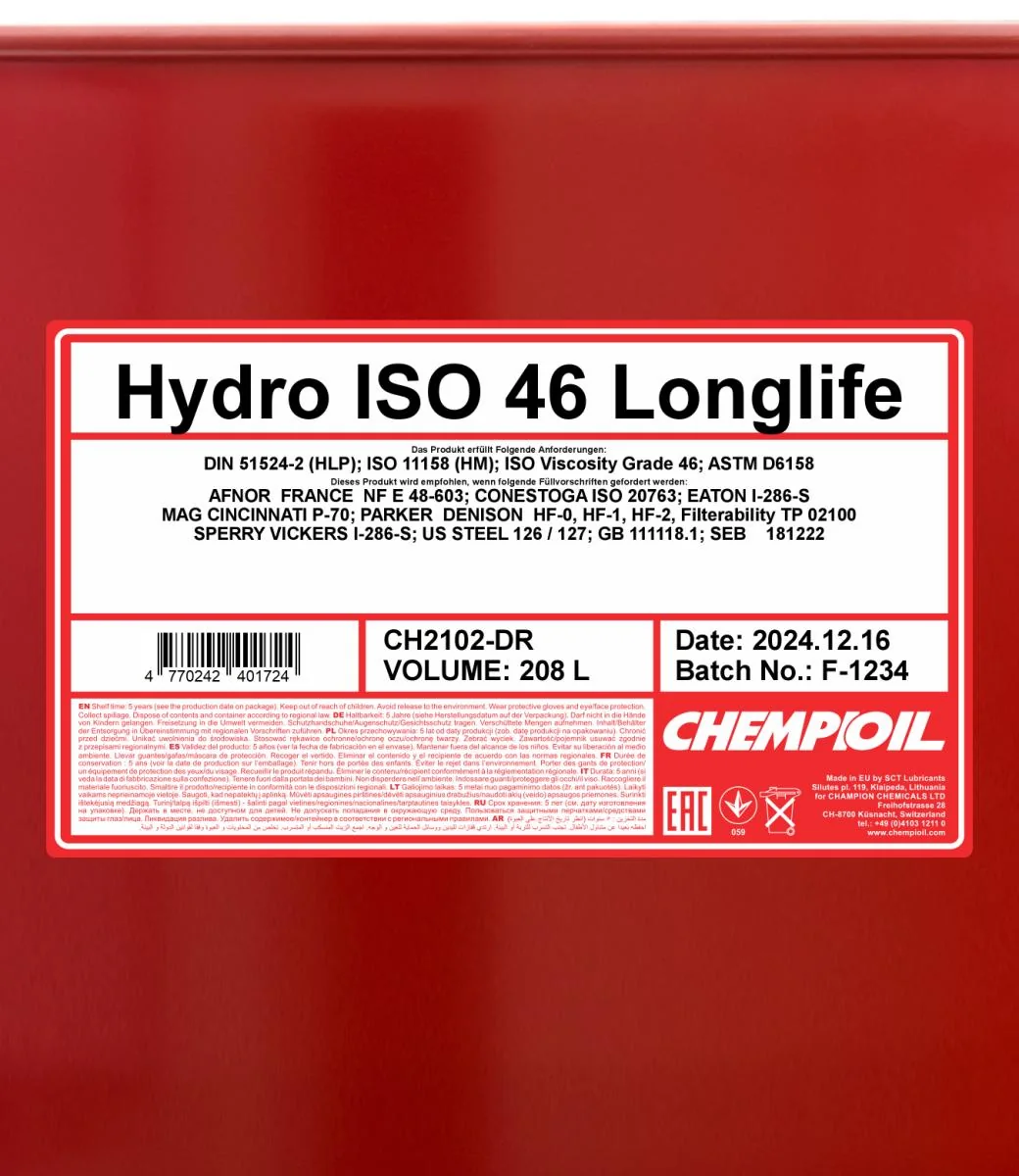 CHEMPIOIL - CH2102DR - Hydro ISO 46 LONGLIFE 208L