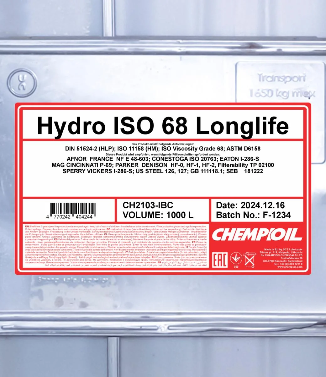 CHEMPIOIL - CH2103IBC - Hydro ISO 68 LONGLIFE 1000L