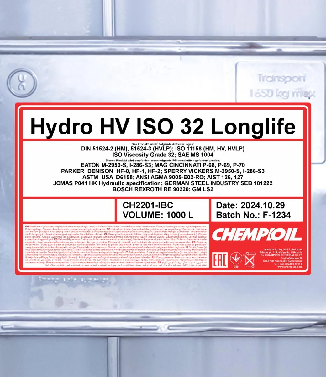 CHEMPIOIL - CH2201IBC - Hydro HV ISO 32 LONGLIFE 1000L