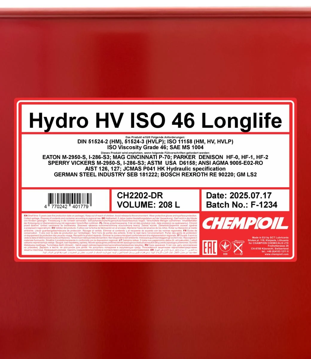 CHEMPIOIL - CH2202DR - Hydro HV ISO 46 LONGLIFE 208L