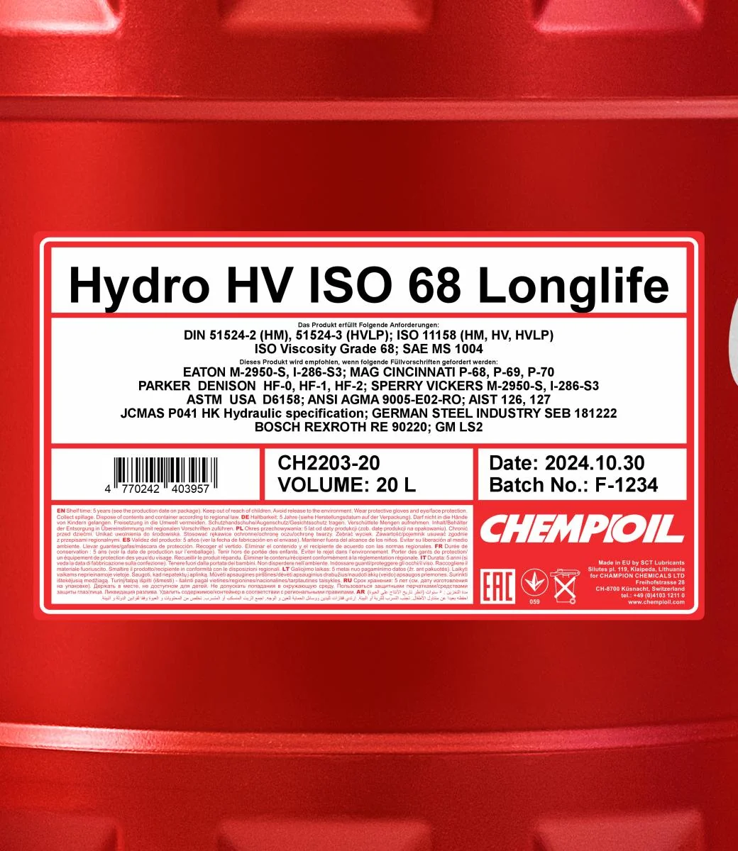 CHEMPIOIL - CH220320 - Hydro HV ISO 68 LONGLIFE 20L