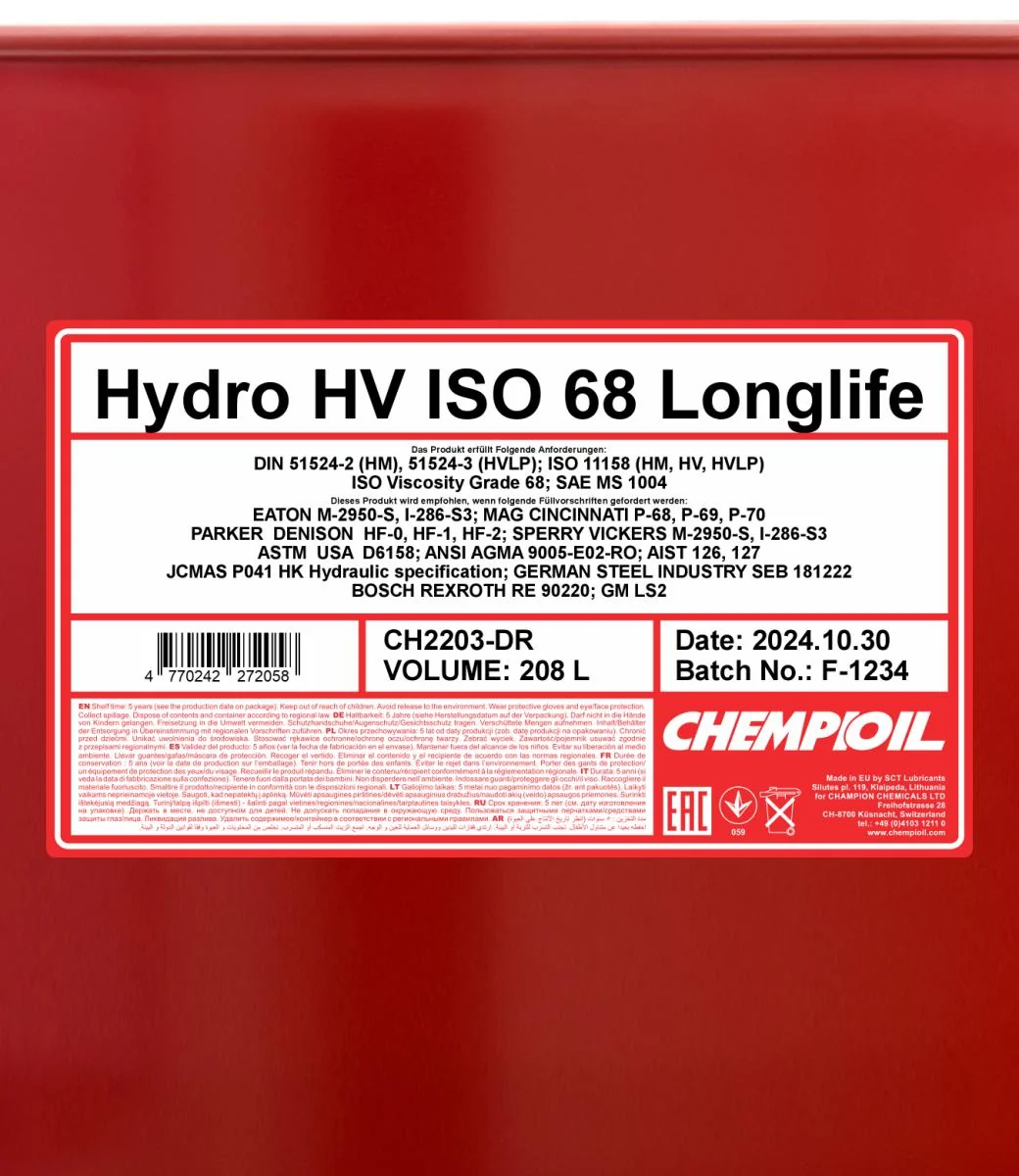 CHEMPIOIL - CH2203DR - Hydro HV ISO 68 LONGLIFE 208L
