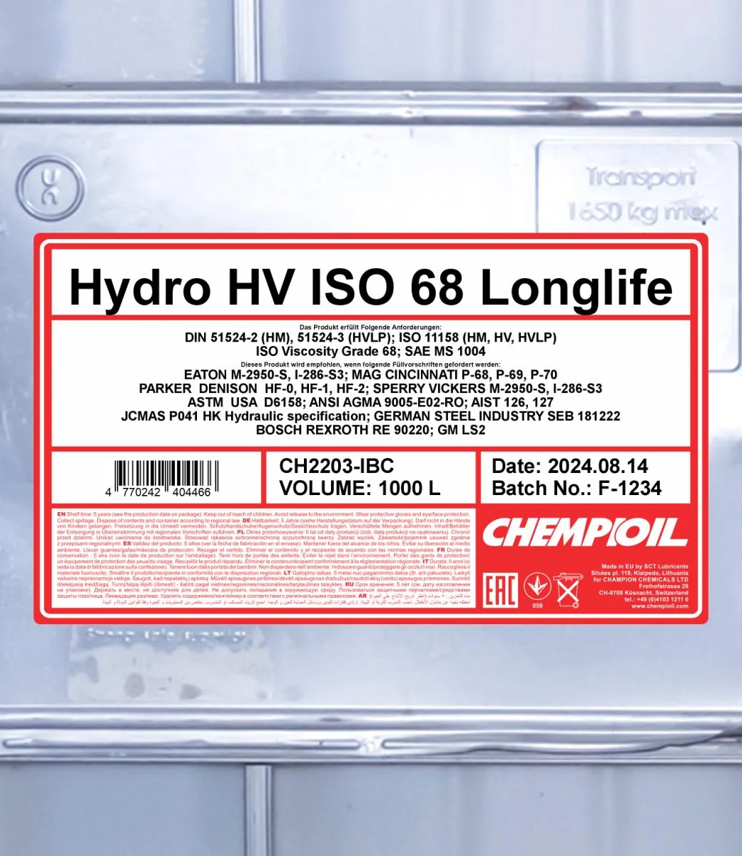 CHEMPIOIL - CH2203IBC - Hydro HV ISO 68 LONGLIFE 1000L