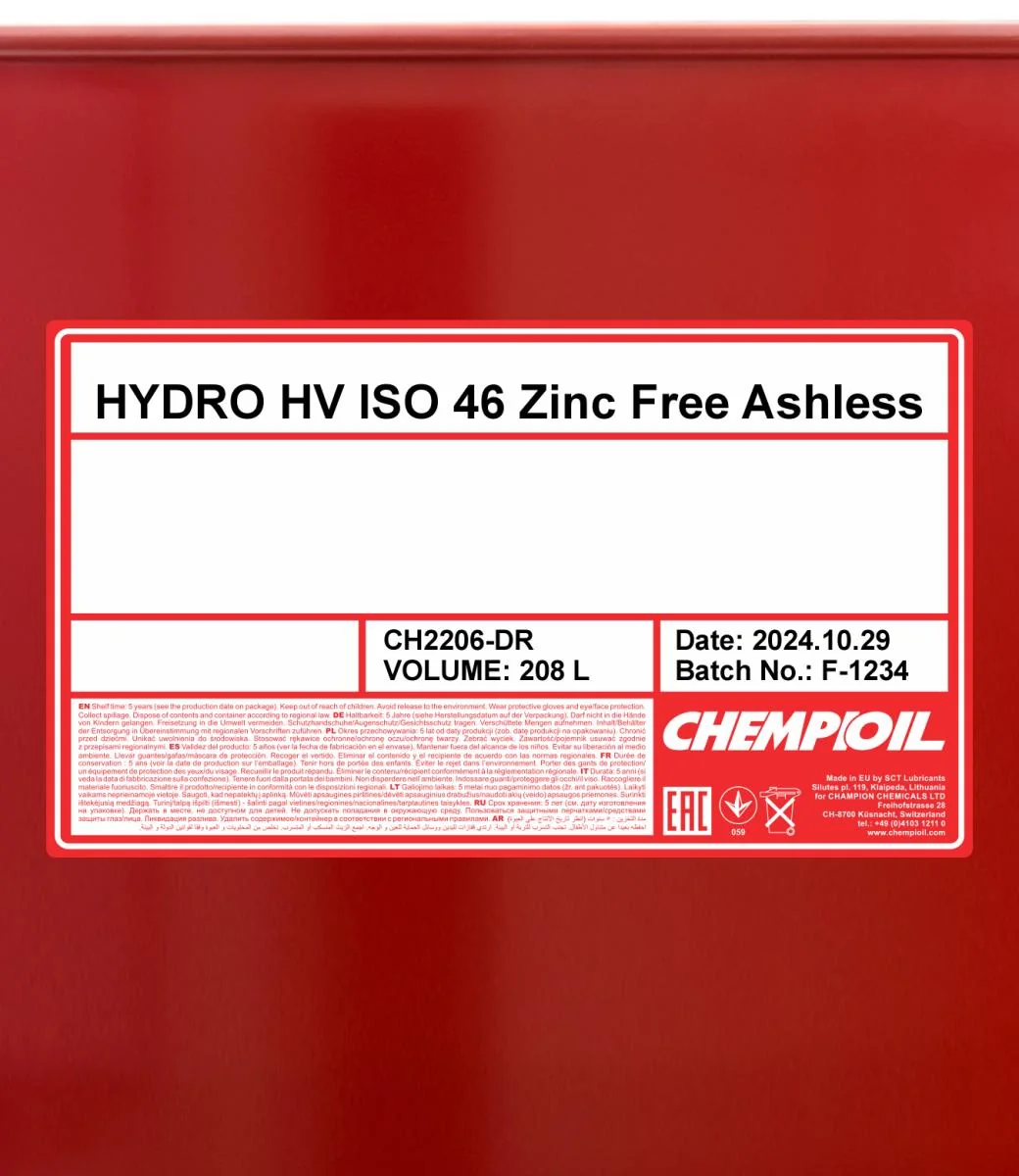 CHEMPIOIL - CH2206DR - Hydro HV ISO 46 Zinkfrei 208L
