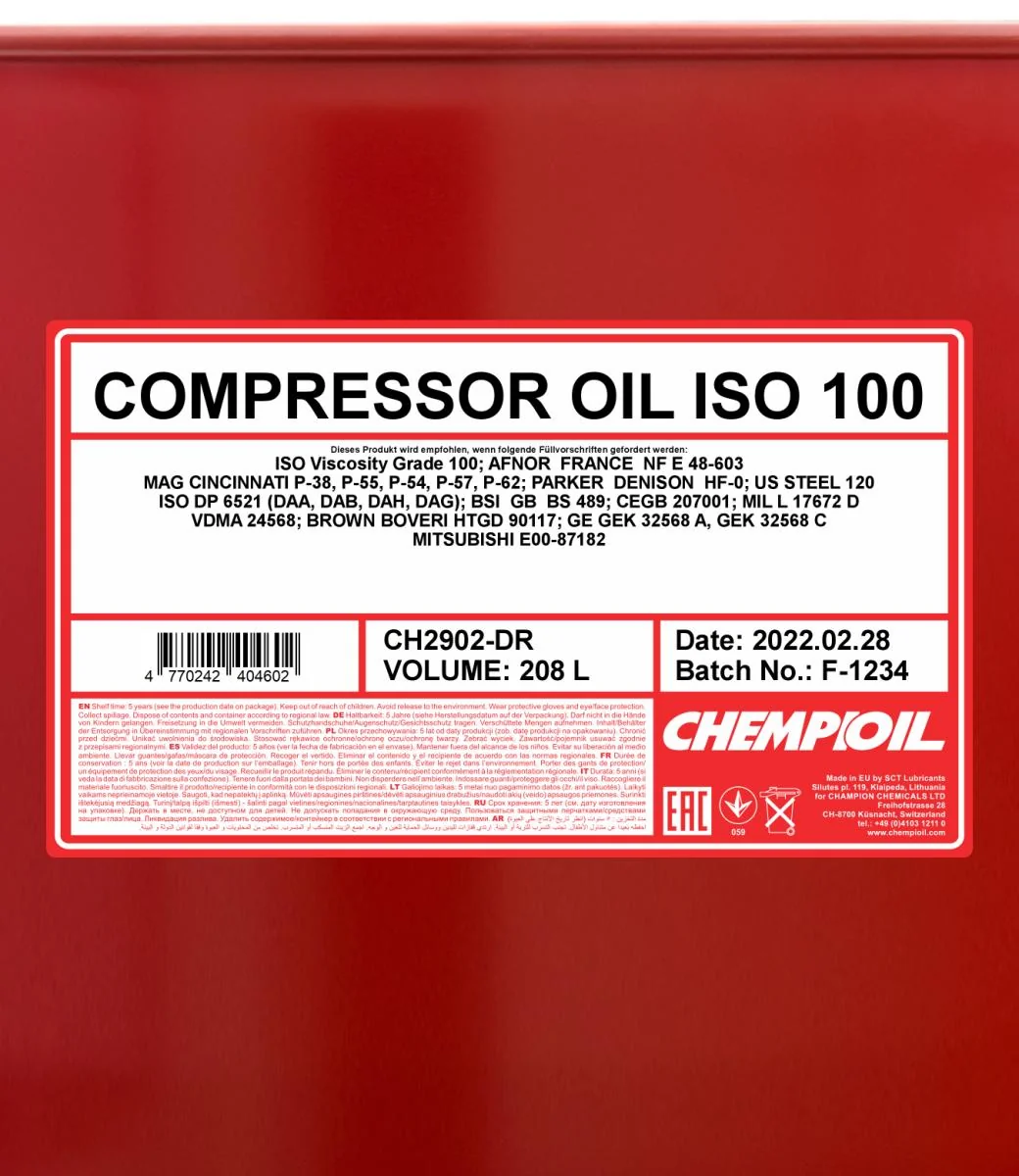 CHEMPIOIL - CH2902DR - Kompressoroel ISO 100 208L