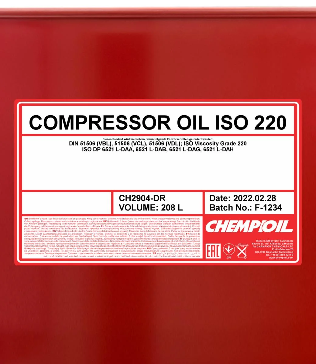 CHEMPIOIL - CH2904DR - Kompressoroel ISO 220 208L