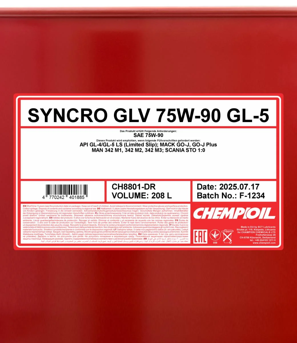 CHEMPIOIL - CH8801DR - Syncro GLV 75W-90 GL-4/GL-5 LS 208L