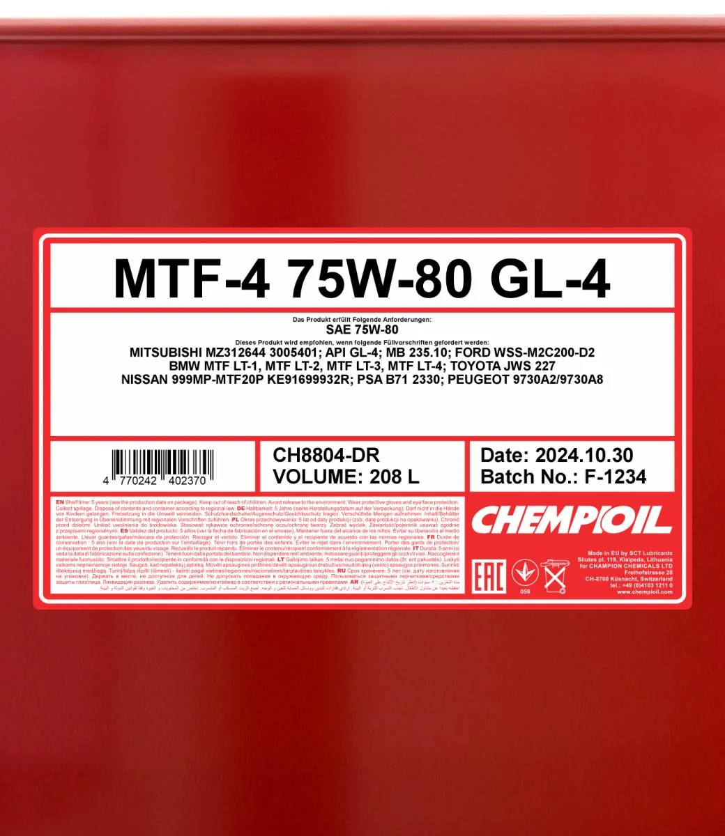 CHEMPIOIL - CH8804DR - MTF-4 75W-80 GL-4 208L