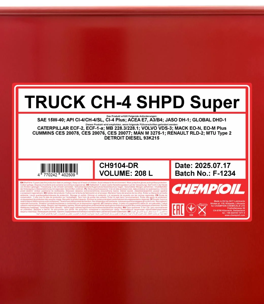 CHEMPIOIL - CH9104DR - CH-4 LKW Super SHPD 15W-40 208L