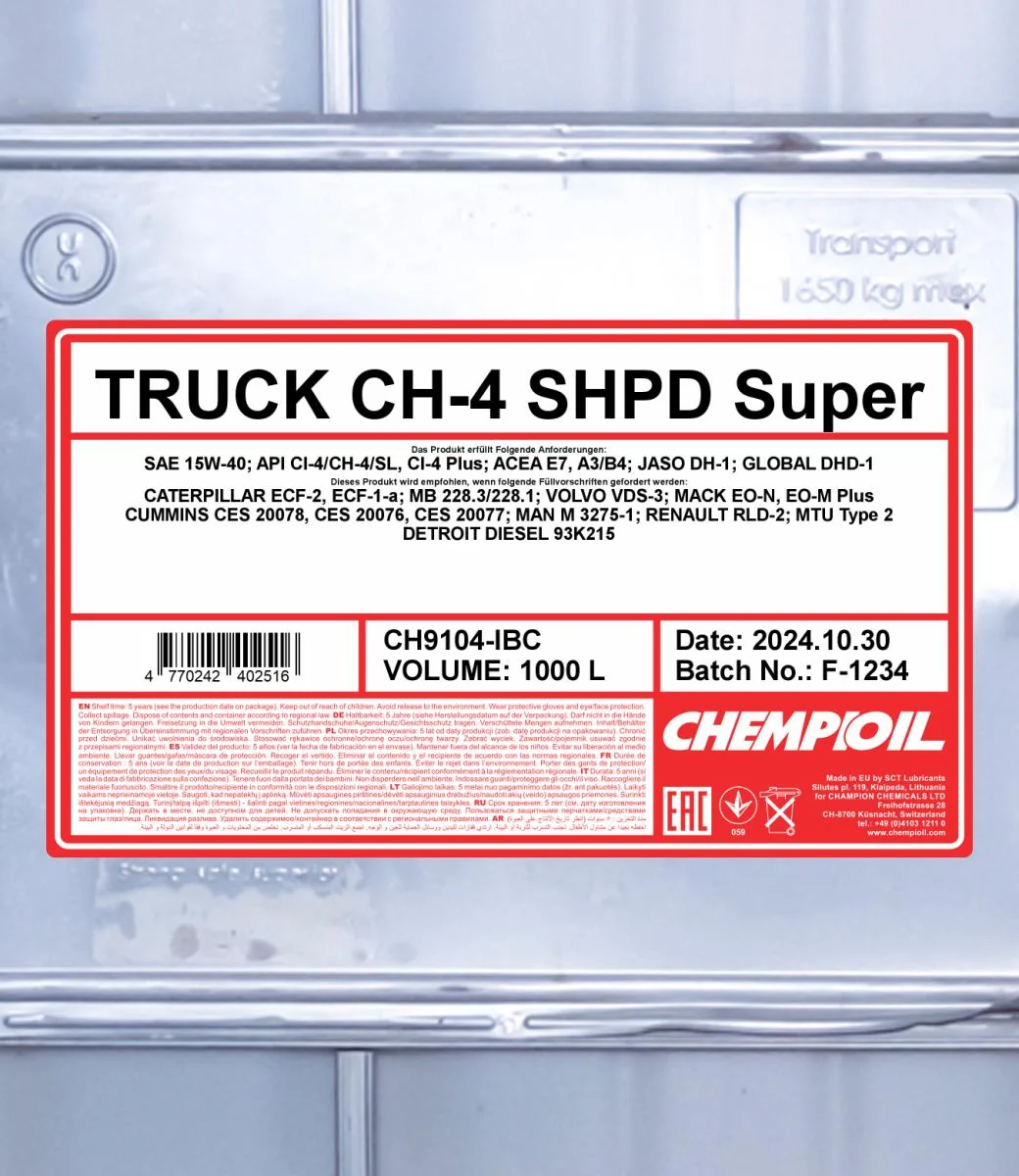 CHEMPIOIL - CH9104IBC - CH-4 LKW Super SHPD 15W-40 1000L