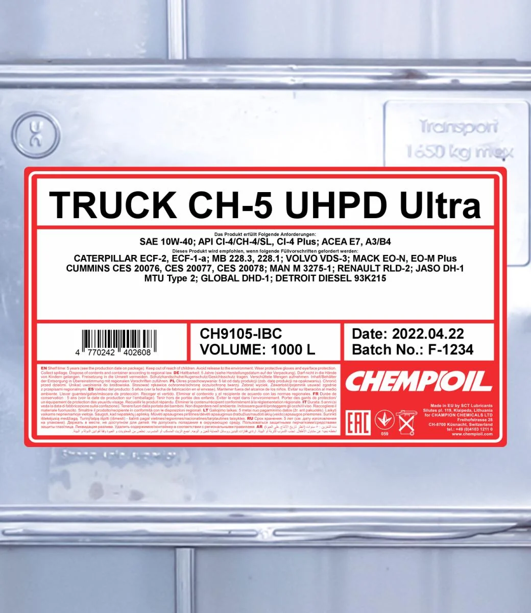 CHEMPIOIL - CH9105IBC - CH-5 LKW Ultra UHPD 10W-40 1000L