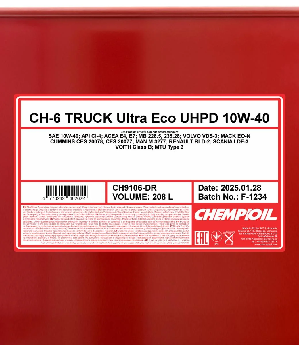CHEMPIOIL - CH9106DR - CH-6 LKW Ultra Eco UHPD 10W-40 208L