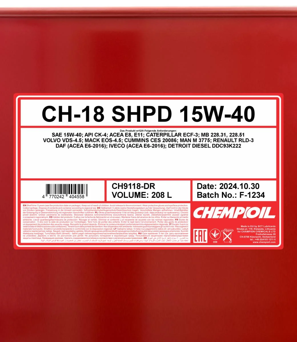 CHEMPIOIL - CH9118DR - CH-18 SHPD 15W-40 208L