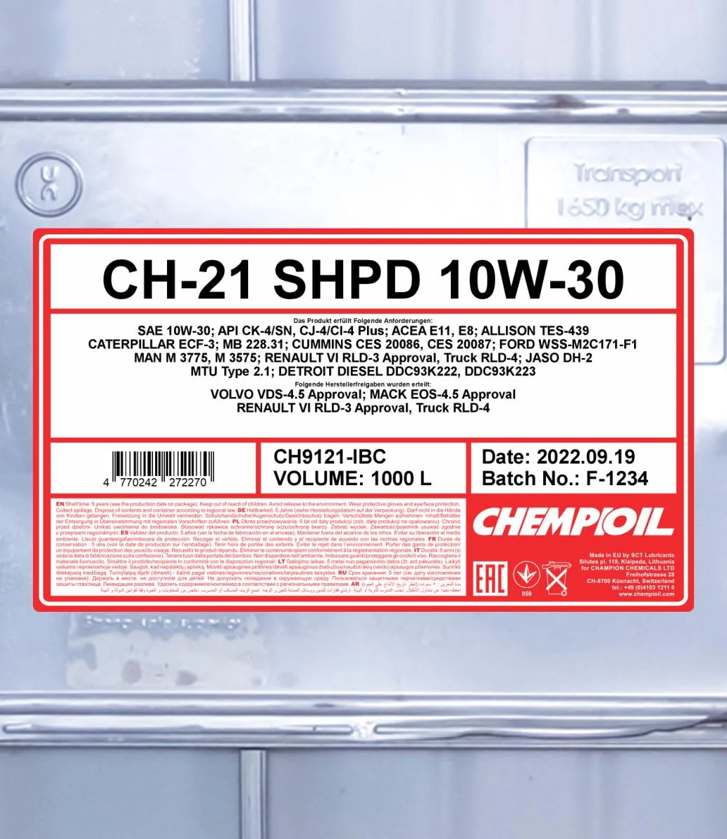 CHEMPIOIL - CH9121IBC - CH-21 LKW SHPD 10W-30 1000L