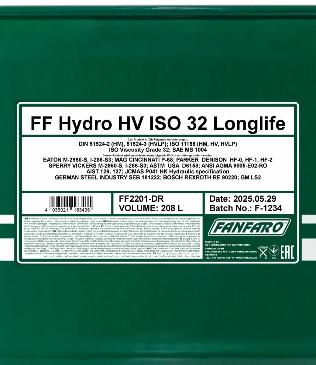 FANFARO - FF2201DR - Hydro HV ISO 32 LONGLIFE 208L