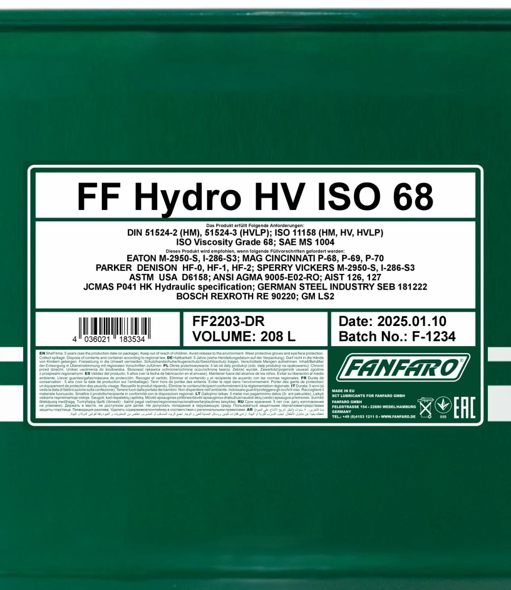FANFARO - FF2203DR - Hydro HV ISO 68 Longlife 208L