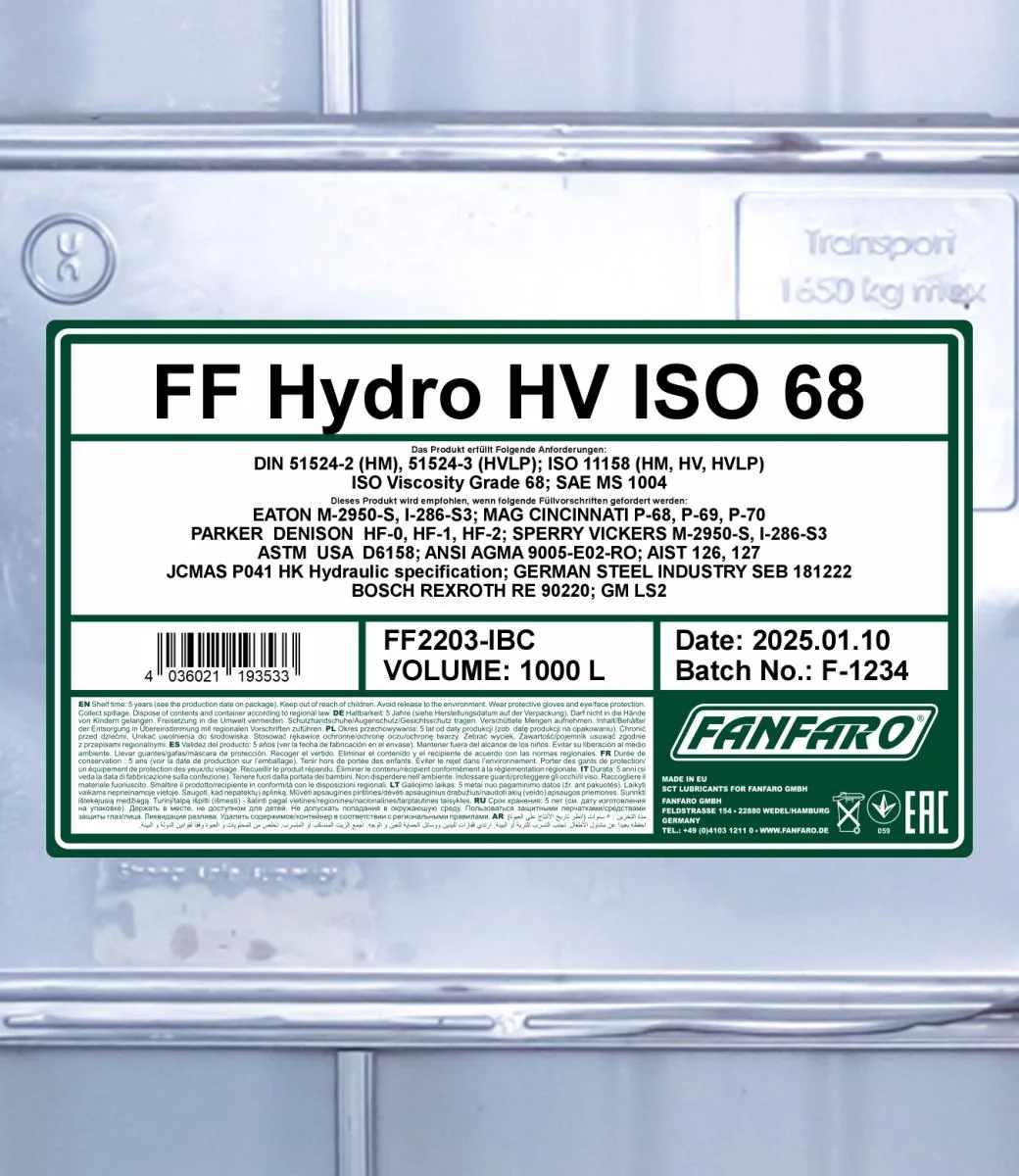 FANFARO - FF2203IBC - Hydro HV ISO 68 Longlife 1000L
