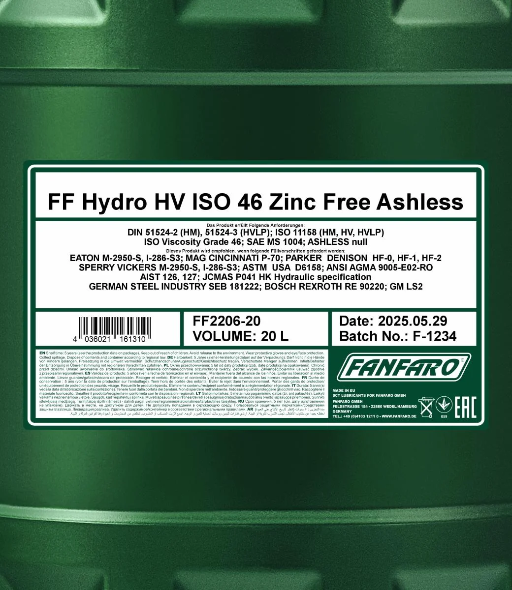 FANFARO - FF220620 - Hydro HV ISO 46 Zinkfrei 20L