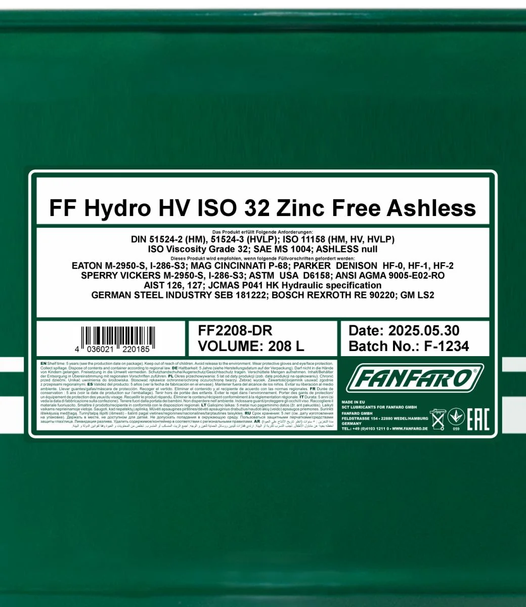 FANFARO - FF2208DR - Hydro HV ISO 32 Zinkfrei 208L