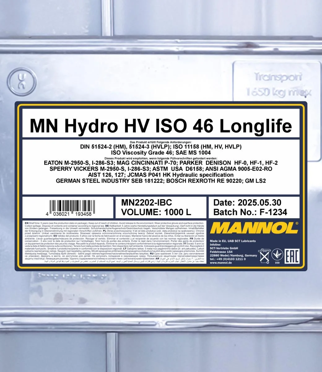 MANNOL® - MN2202IBC - Hydro HV ISO 46 Longlife 1000L