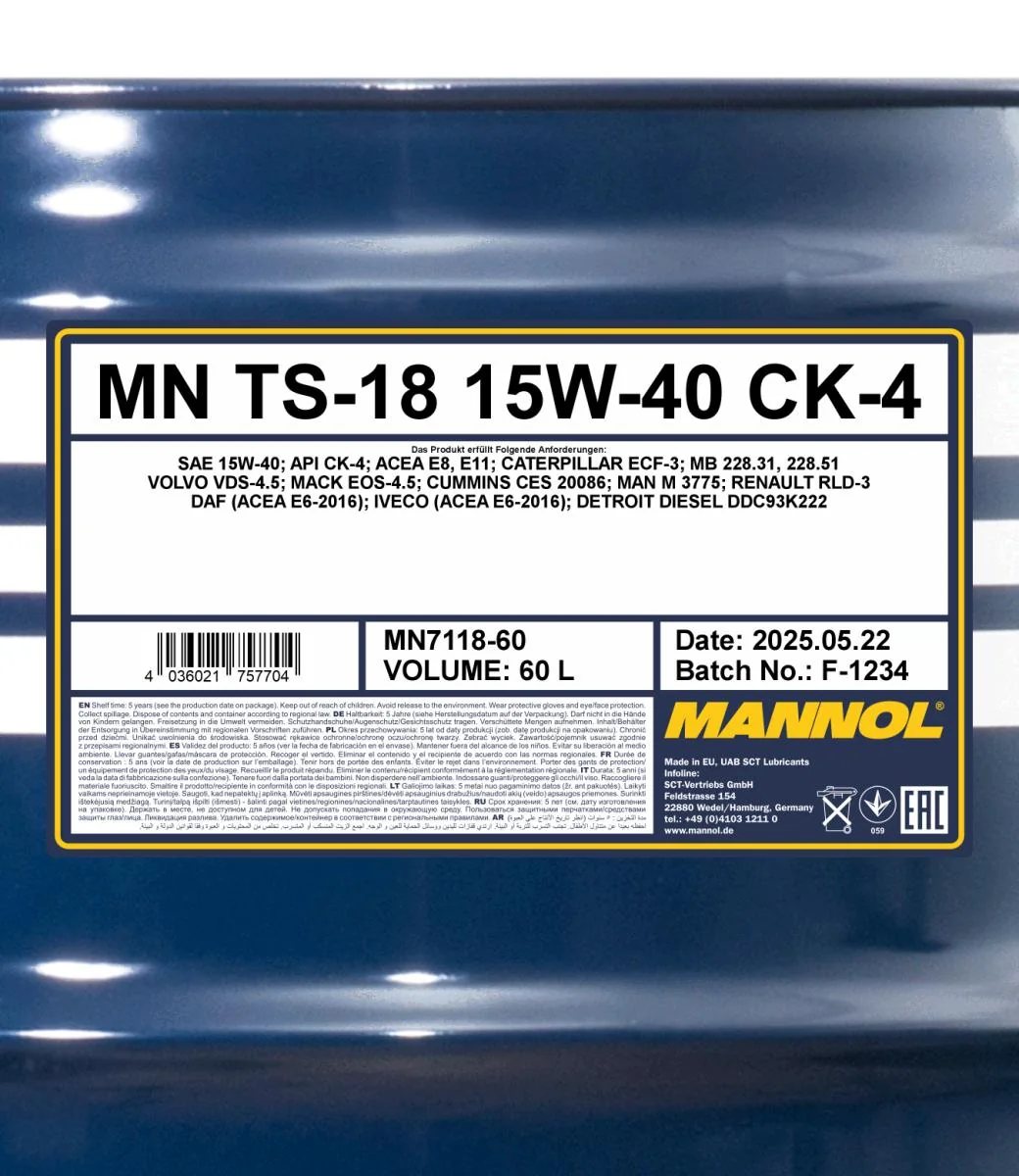 MANNOL® - MN711860 - TS-18 15W-40 CK-4 60L