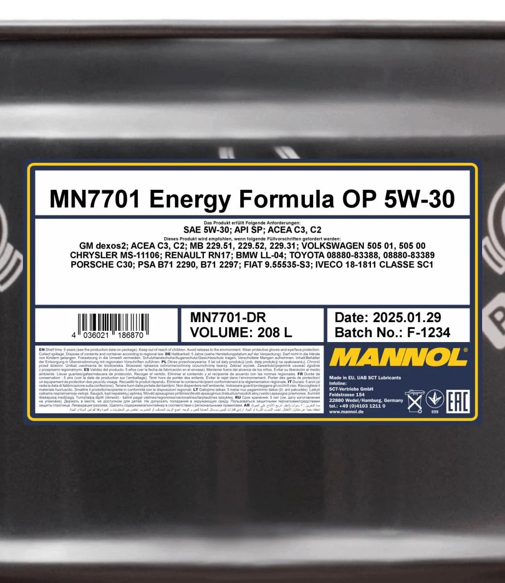 MANNOL® - MN7701DR - 7701 Energieformel OP 5W-30 208L