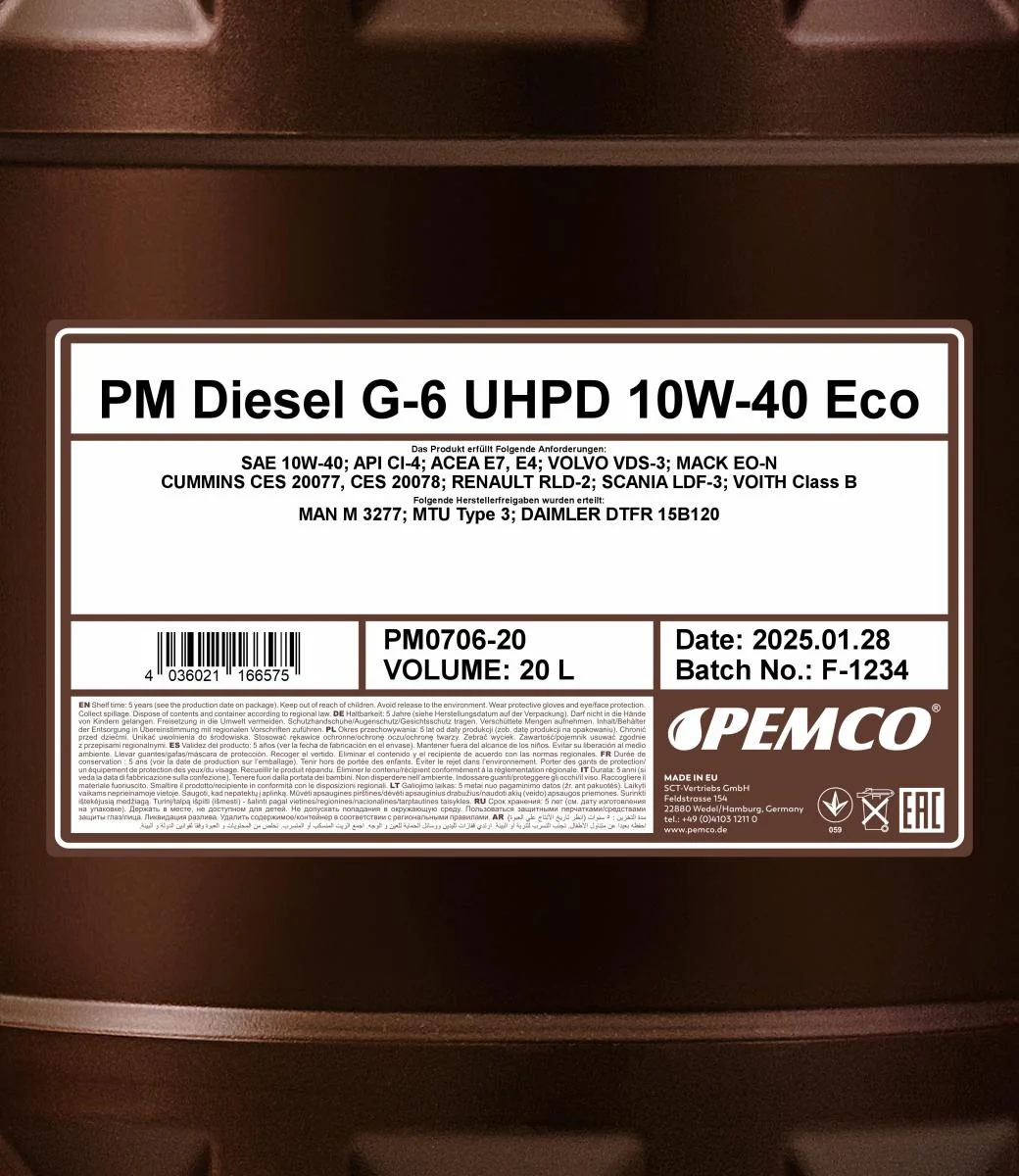 PEMCO - PM070620 - Diesel G-6 UHPD 10W-40 Eco 20L