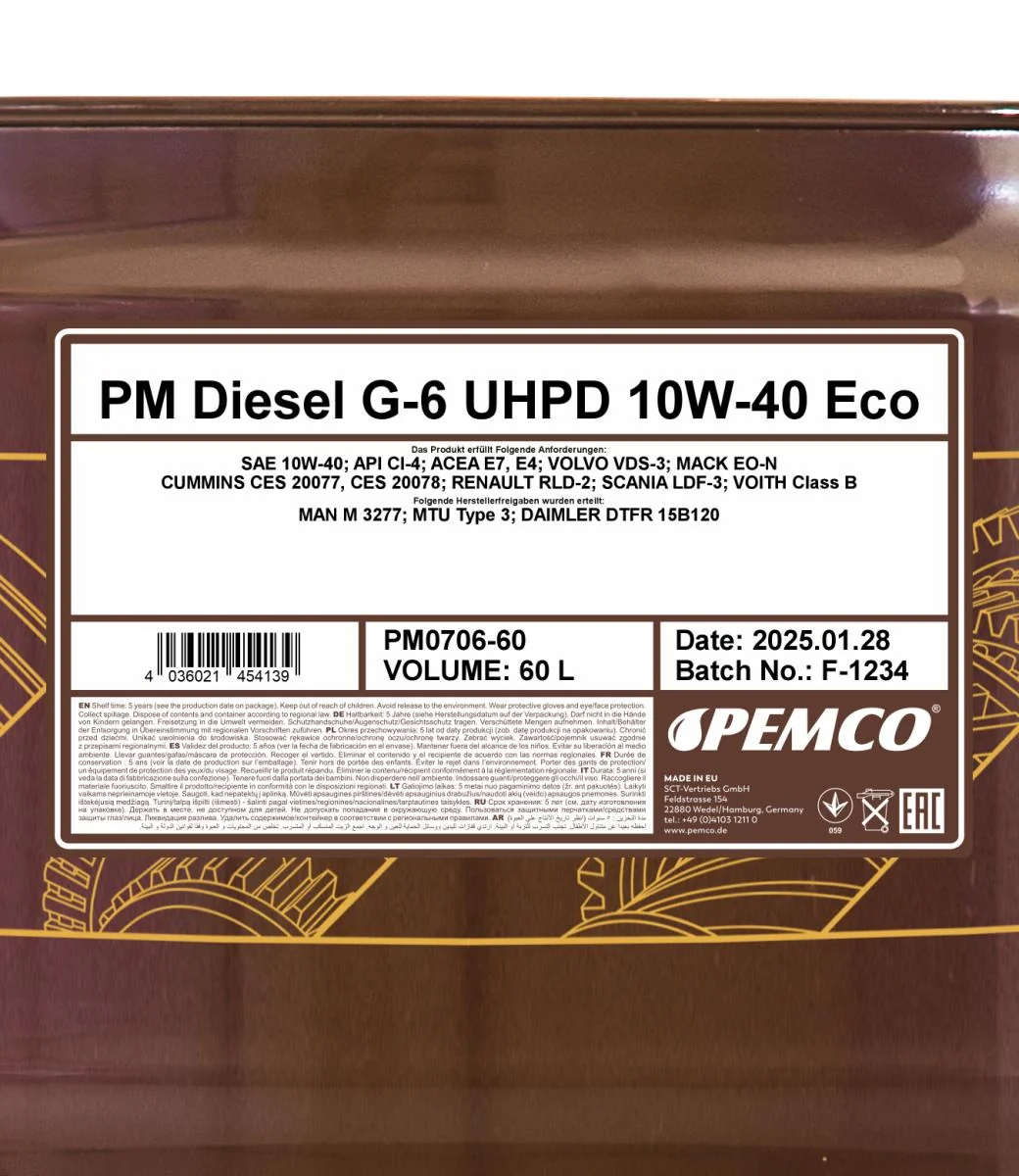 PEMCO - PM070660 - Diesel G-6 UHPD 10W-40 Eco 60L