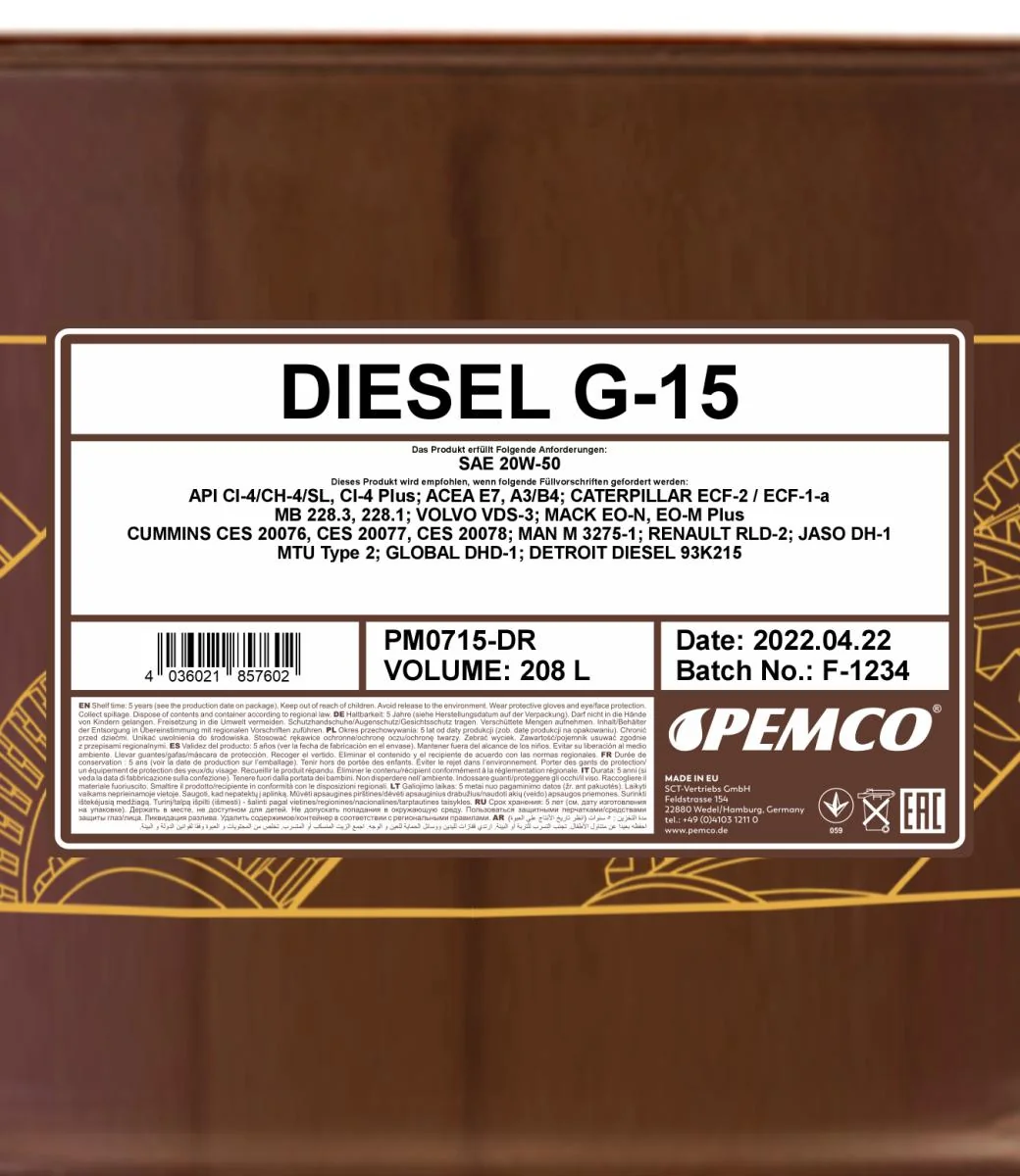 PEMCO - PM0715DR - PEMCO Diesel G-15 SHPD 20W-50 208L