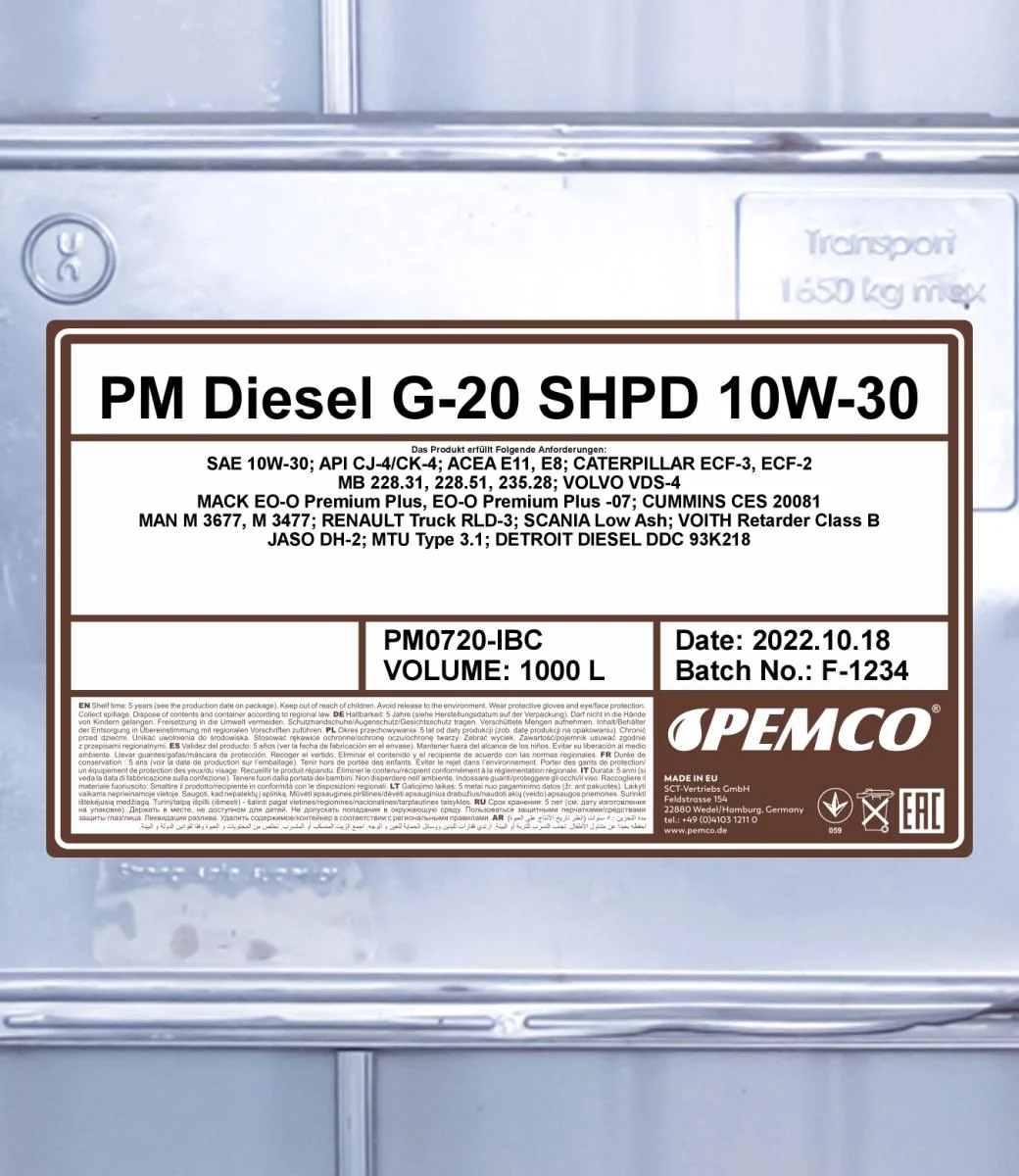 PEMCO - PM0720IBC - Diesel G-20 SHPD 10W-30 1000L