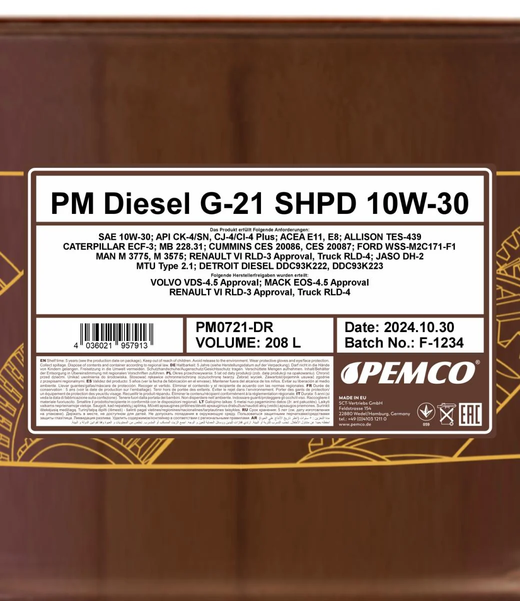 PEMCO - PM0721DR - Diesel G-21 SHPD 10W-30 208L