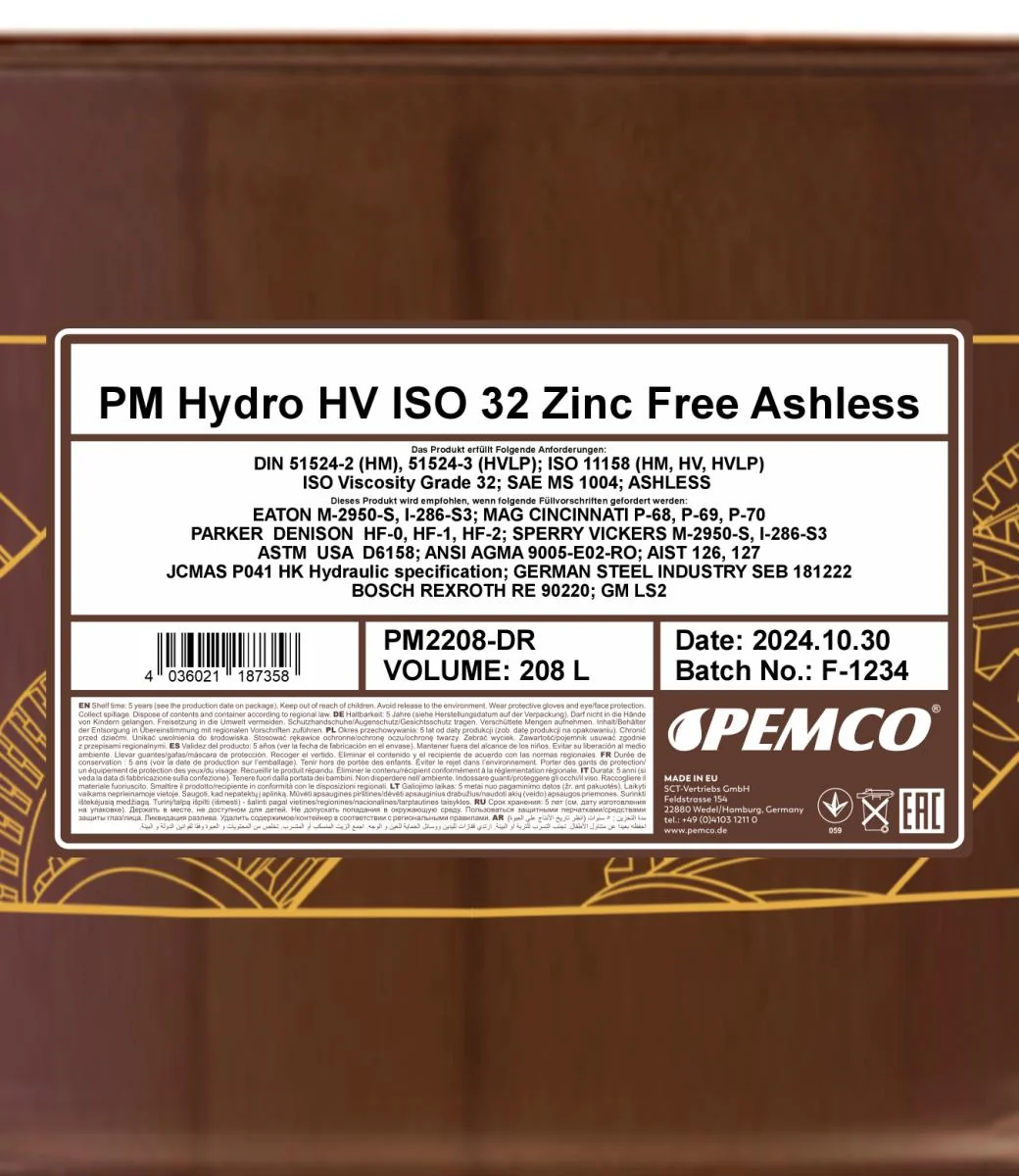PEMCO - PM2208DR - Hydro HV ISO 32 Zinkfrei 208L