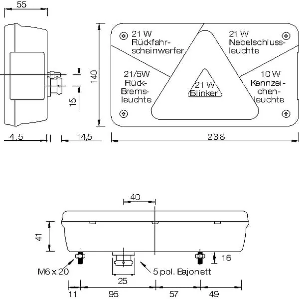 Aspöck - 248510007 - Rücklicht LH Rechteckig, Rot/Transparent, Anschraubbar, 5-Pin, Multipoint V