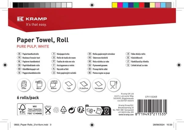 Kramp - CP11102KR - Papierhandtuch, weiß, auf Rolle, 21 cm x 275 m, 1-lagig, Außendurchmesser 200 mm, geprägt, 6 Rollen