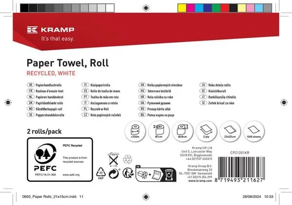 Kramp - CP21201KR - Papierhandtuch, weiß, auf Rolle, 23 cm x 250 m, 2-lagig, Außendurchmesser 270 mm, geprägt, 2 Rollen