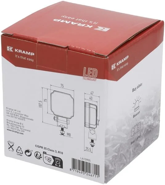 Kramp - LA10905 - Arbeitsleuchte LED, 20W, 3000lm, quadratisch, weiß, mm, Deutsch 2-Pin, Flutlicht
