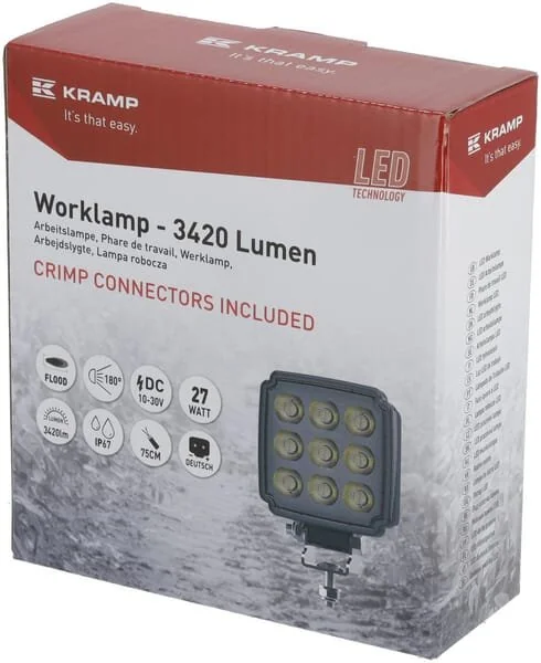 Kramp - LA10908 - Arbeitsleuchte LED, 27W, 3420lm, Quadratisch, Weiß, Mm, Deutsch 2-Pin, Flutlicht
